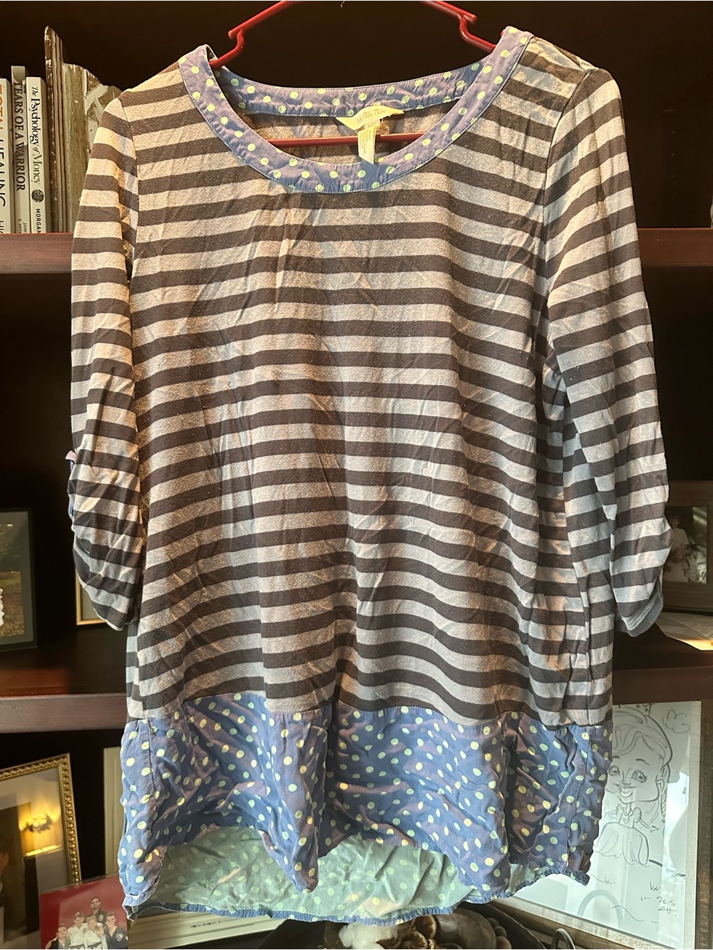 Matilda Jane Gray & White Striped Tunic with Blue Polka Dot Trim
